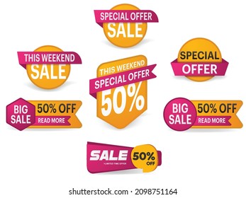 Sale discount creative labels tag set vector illustration.Sales badges Hot deal 50% off badge template this weekend only sale icon promotion layout on white background