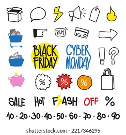 Sale discount doodle icons set.Illustration vectorial simple line  , flat colors. Black friday and Cyber monday  
