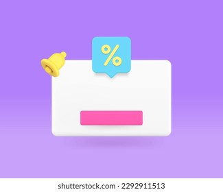 Sale discount empty message reminder internet push notification ring bell sound 3d icon realistic vector illustration. Email marketing commercial special offer online alert window button copy space