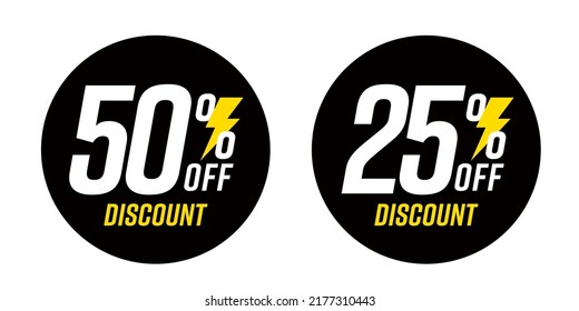 Sale discount event advertisement stickers set. Fifty and twenty five percent price cut offer labels design. Retail shopping promotion sticker templates vector illustration