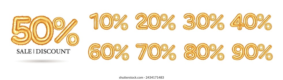 Sale discount golden balloon percentage numbers realistic vector illustration set. Special offer advertisement 3d models on white background collection