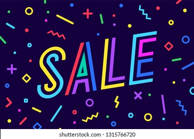 Sale, discount. Greeting card, banner, poster and flyer with text Sale for discount offer, memphis geometric style.   Vector Illustration