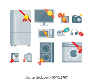 Sale and discount household appliances with red tags in flat style. Household appliances devices with percent discount stickers. Black friday. Illustration for electronics stores advertising. Vector