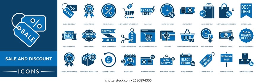 Sale and Discount icon set. Sale and Discount, Discount Badge, Percentage Sign, Shopping Cart with Discount, Flash Sale and Limited Time Offer