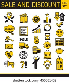 Sale and discount icon set. Vector hand drawn illustration of many sell signs and labels. The trend symbol isolated on white.