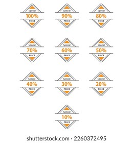 Sale discount icon sign, great design for any sale. 10,20,30,40,50,60,70,80,90,100 percent off. Special price offer label.