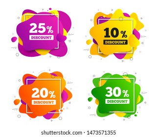 Sale discount icons. Banner shape, various colors. Special offer price signs. 10, 20, 25 and 30 percent off reduction symbols. Geometric vector banner. Gradient liquid shape badge. Vector