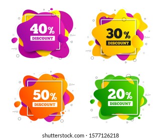 Sale discount icons. Banner shape, various colors. Special offer price signs. 20, 30, 40 and 50 percent off reduction symbols. Geometric vector banner. Gradient liquid shape badge. Vector