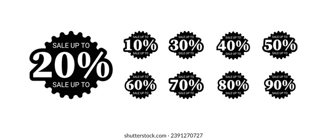 Sale discount icons. black badge with  wihte new icon on top Special offer price signs. 10, 20, 30, 40, 50, 60, 70, 80, 90 percent off reduction symbols. Colored elements. Vector