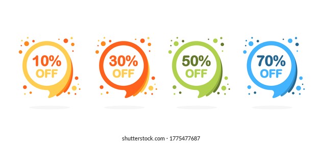 Sale discount icons in flat style isolated on white background. Special offer price signs. 10, 30, 50 and 70 percent off reduction symbols. Colored elements. Vector illustration