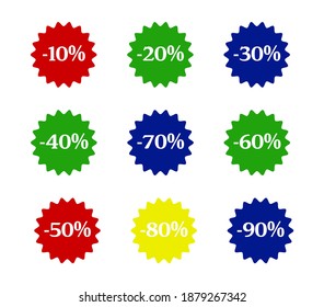 Sale discount icons in flat style isolated on white background. Special offer price signs. 10, 30 40 50 to 90 percent off reduction symbols. Vector.10EPS