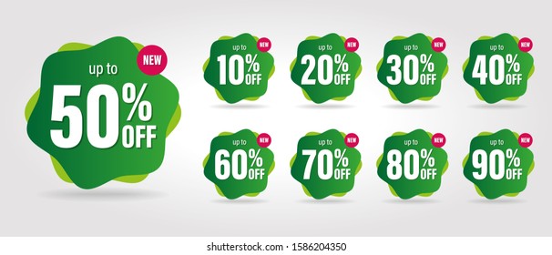 Sale discount icons. Green badge with pink new icon on top Special offer price signs. 10, 20, 30, 40, 50, 60, 70, 80, 90 percent off reduction symbols. Colored elements. Vector