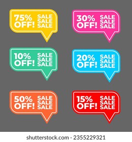 Sale discount icons. Off and Sale sign and speech balloons. Icons of 10%, 20%, 30%, 40%, 50%, 60%, 70%, 80%, 90% and 100% offers or discount sale. Flat vectors and symbols of sale offer discount.