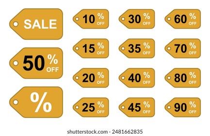 Sale discount icons set. Yellow label of different percent price value: 10%, 15%, 20%, 25%, 30%, 35%, 40%, 45%, 50%, 60%, 70%, 80%, 90%. Vector illustration isolated on white background.