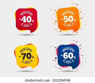 Sale discount icons. Special offer stamp price signs. 40, 50, 60 and 70 percent off reduction symbols. Speech bubbles or chat symbols. Colored elements. Vector