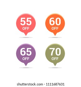 Sale discount icons. Special offer price signs. 55, 60, 65 and 70 percent off reduction symbols. Colored vector flat elements badges