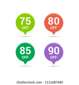 Sale discount icons. Special offer price signs. 75, 80, 85 and 90 percent off reduction symbols. Colored vector flat elements badges
