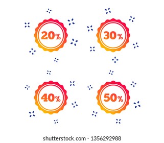 Sale discount icons. Special offer stamp price signs. 20, 30, 40 and 50 percent off reduction symbols. Random dynamic shapes. Gradient discount icon. Vector