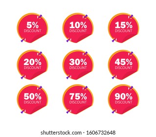 Sale discount icons. Special offer price signs. 5, 10, 15, 20, 30, 45, 50, 75, and 90 percent off reduction symbols.Sticker element Colored elements. Vector