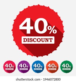 Sale discount icons. Special offer price signs. 40 percent off reduction symbols. Circle concept web buttons. Vector