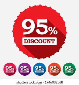 Sale discount icons. Special offer price signs. 95 percent off reduction symbols. Circle concept web buttons. Vector