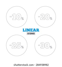 Sale discount icons. Special offer price signs. 10, 20, 25 and 30 percent off reduction symbols. Linear outline web icons. Vector