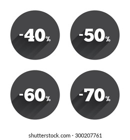 Sale discount icons. Special offer price signs. 40, 50, 60 and 70 percent off reduction symbols. Circles buttons with long flat shadow. Vector