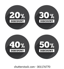 Sale discount icons. Special offer price signs. 20, 30, 40 and 50 percent off reduction symbols. Circles buttons with long flat shadow. Vector