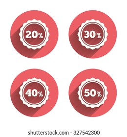 Sale discount icons. Special offer stamp price signs. 20, 30, 40 and 50 percent off reduction symbols. Pink circles flat buttons with shadow. Vector