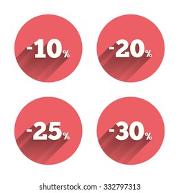 Sale discount icons. Special offer price signs. 10, 20, 25 and 30 percent off reduction symbols. Pink circles flat buttons with shadow. Vector