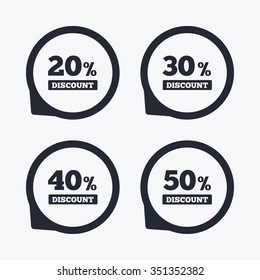 Sale discount icons. Special offer price signs. 20, 30, 40 and 50 percent off reduction symbols. Flat icon pointers.