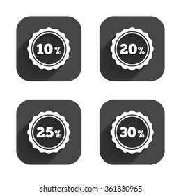Sale discount icons. Special offer stamp price signs. 10, 20, 25 and 30 percent off reduction symbols. Square flat buttons with long shadow.