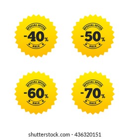 Sale discount icons. Special offer stamp price signs. 40, 50, 60 and 70 percent off reduction symbols. Yellow stars labels with flat icons. Vector