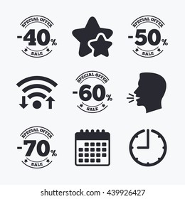 Sale discount icons. Special offer stamp price signs. 40, 50, 60 and 70 percent off reduction symbols. Wifi internet, favorite stars, calendar and clock. Talking head. Vector