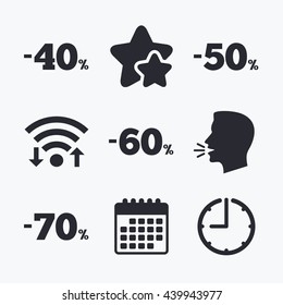 Sale discount icons. Special offer price signs. 40, 50, 60 and 70 percent off reduction symbols. Wifi internet, favorite stars, calendar and clock. Talking head. Vector