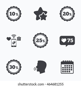 Sale discount icons. Special offer stamp price signs. 10, 20, 25 and 30 percent off reduction symbols. Flat talking head, calendar icons. Stars, like counter icons. Vector