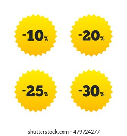 Sale discount icons. Special offer price signs. 10, 20, 25 and 30 percent off reduction symbols. Yellow stars labels with flat icons. Vector
