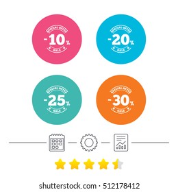 Sale discount icons. Special offer stamp price signs. 10, 20, 25 and 30 percent off reduction symbols. Calendar, cogwheel and report linear icons. Star vote ranking. Vector