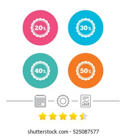 Sale discount icons. Special offer stamp price signs. 20, 30, 40 and 50 percent off reduction symbols. Calendar, cogwheel and report linear icons. Star vote ranking. Vector