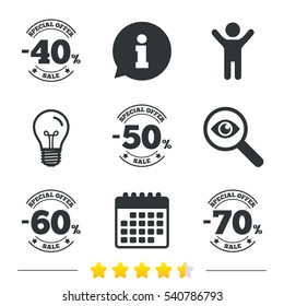 Sale discount icons. Special offer stamp price signs. 40, 50, 60 and 70 percent off reduction symbols. Information, light bulb and calendar icons. Investigate magnifier. Vector