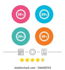 Sale discount icons. Special offer stamp price signs. 10, 20, 25 and 30 percent off reduction symbols. Calendar, cogwheel and report linear icons. Star vote ranking. Vector