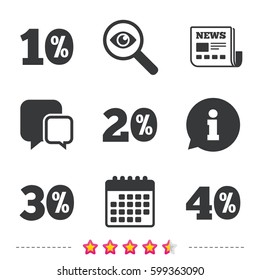 Sale discount icons. Special offer price signs. 10, 20, 30 and 40 percent off reduction symbols. Newspaper, information and calendar icons. Investigate magnifier, chat symbol. Vector