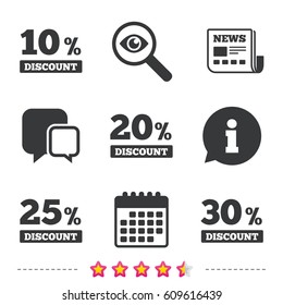 Sale discount icons. Special offer price signs. 10, 20, 25 and 30 percent off reduction symbols. Newspaper, information and calendar icons. Investigate magnifier, chat symbol. Vector