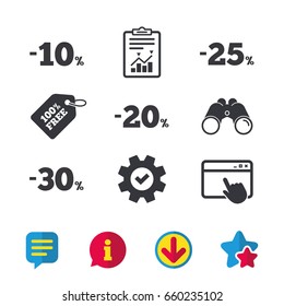 Sale discount icons. Special offer price signs. 10, 20, 25 and 30 percent off reduction symbols. Browser window, Report and Service signs. Binoculars, Information and Download icons. Stars and Chat
