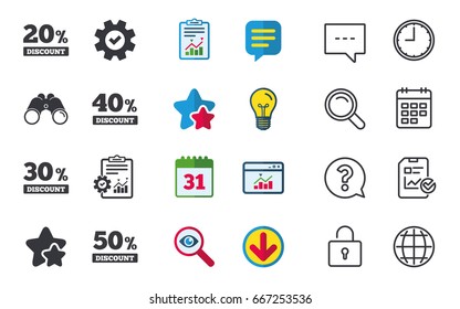 Sale discount icons. Special offer price signs. 20, 30, 40 and 50 percent off reduction symbols. Chat, Report and Calendar signs. Stars, Statistics and Download icons. Question, Clock and Globe