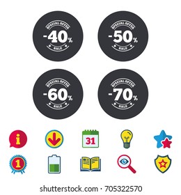 Sale discount icons. Special offer stamp price signs. 40, 50, 60 and 70 percent off reduction symbols. Calendar, Information and Download signs. Stars, Award and Book icons. Vector