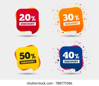 Sale discount icons. Special offer price signs. 20, 30, 40 and 50 percent off reduction symbols. Speech bubbles or chat symbols. Colored elements. Vector