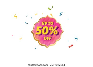 Sale Discount Label. Ethnic Shape Sale Promotion Stamp. Price Upto 50% Off Tag. Pink and Yellow Sale Label.