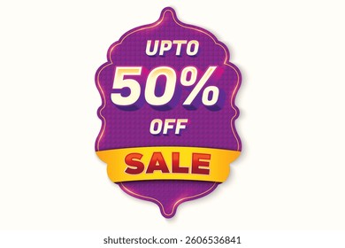 Sale Discount Label. Festival Ethnic Shape Sale Promotion Stamp. Price Upto 50% Off Tag. Purple And Yellow Combo Sale Label.