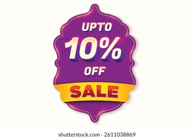 Sale Discount Label. Festival Ethnic Shape Sale Promotion Stamp. Price Upto 10% Off Tag. Purple And Yellow Combo Sale Label.